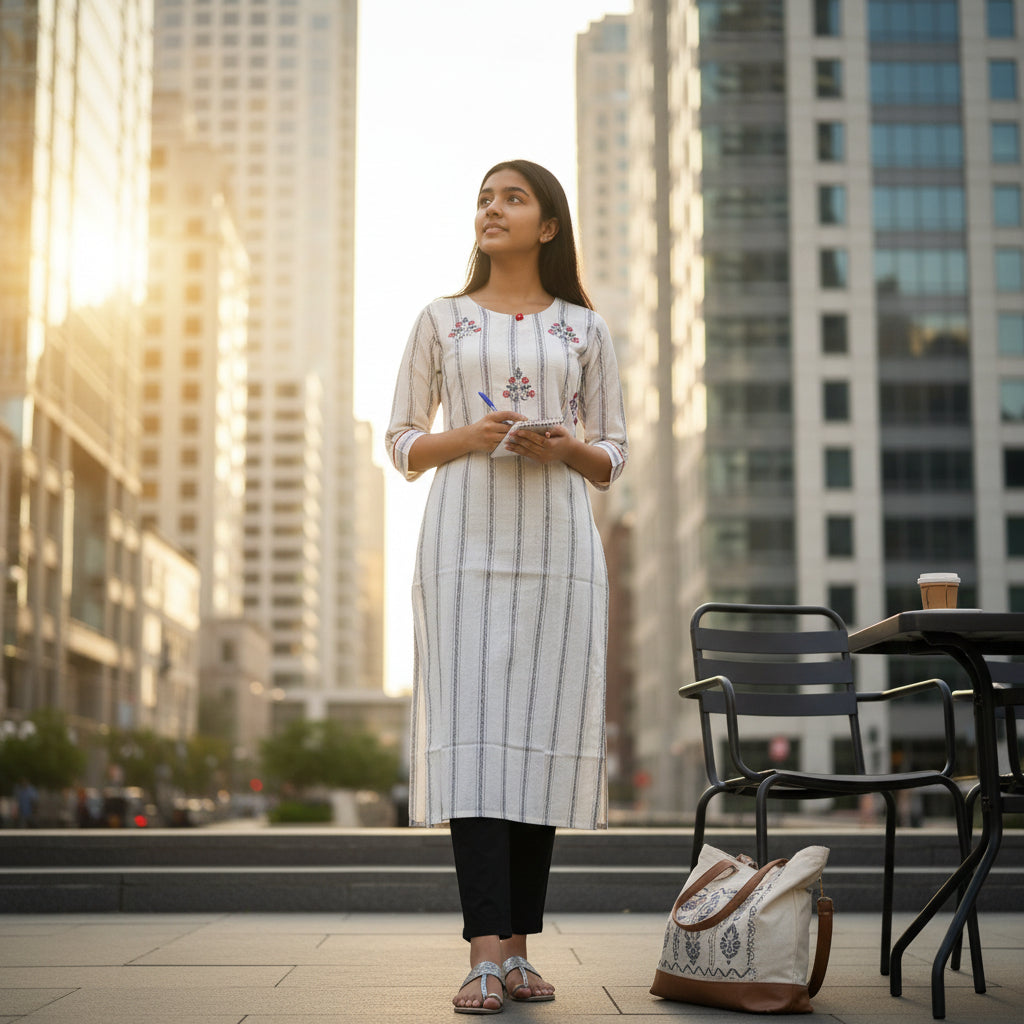 Off-White & Red Striped Straight Kurta with Floral Embroidery