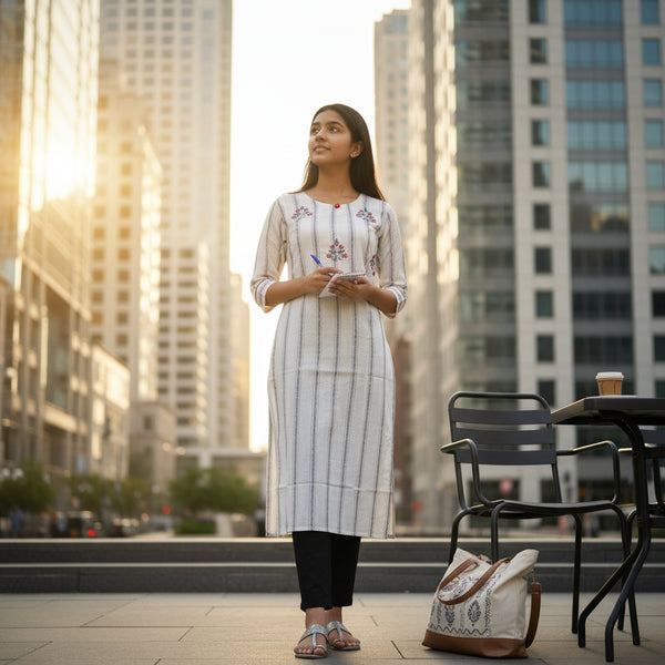 Off-White & Red Striped Straight Kurta with Floral Embroidery