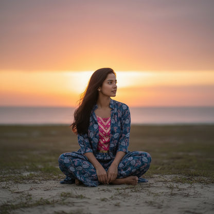 Cotton Rayon Blend Long Jacket & Pants