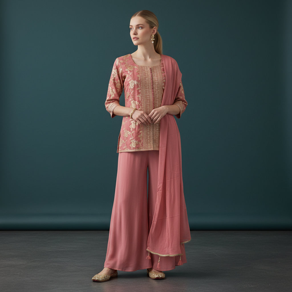 Silk Blend Chiffon Kurta Set 3PC