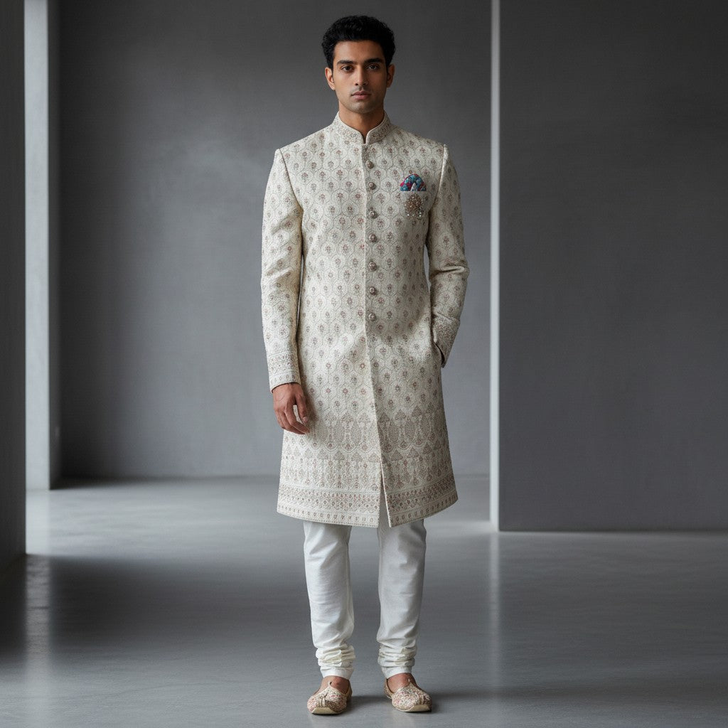 A Cream Colored Self Design Sherwani