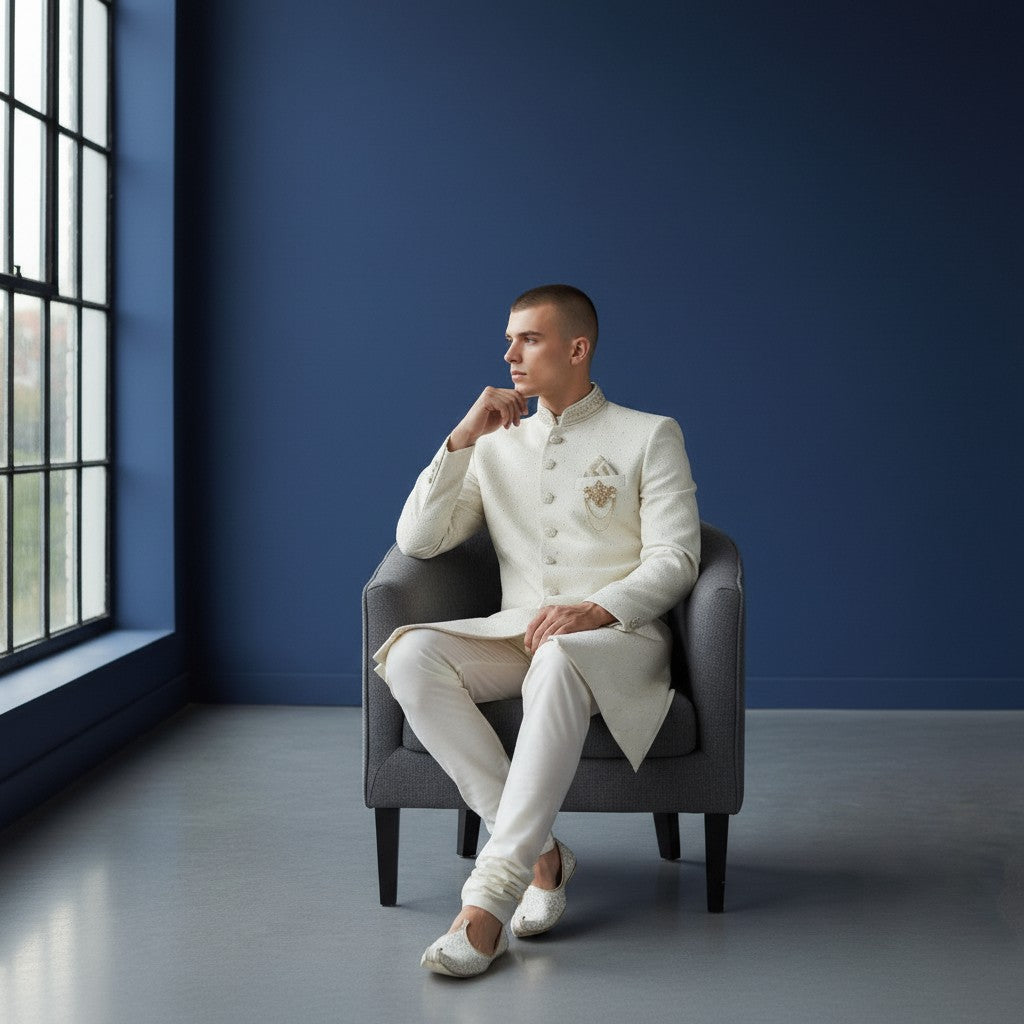 A Off White Self Design Sherwani