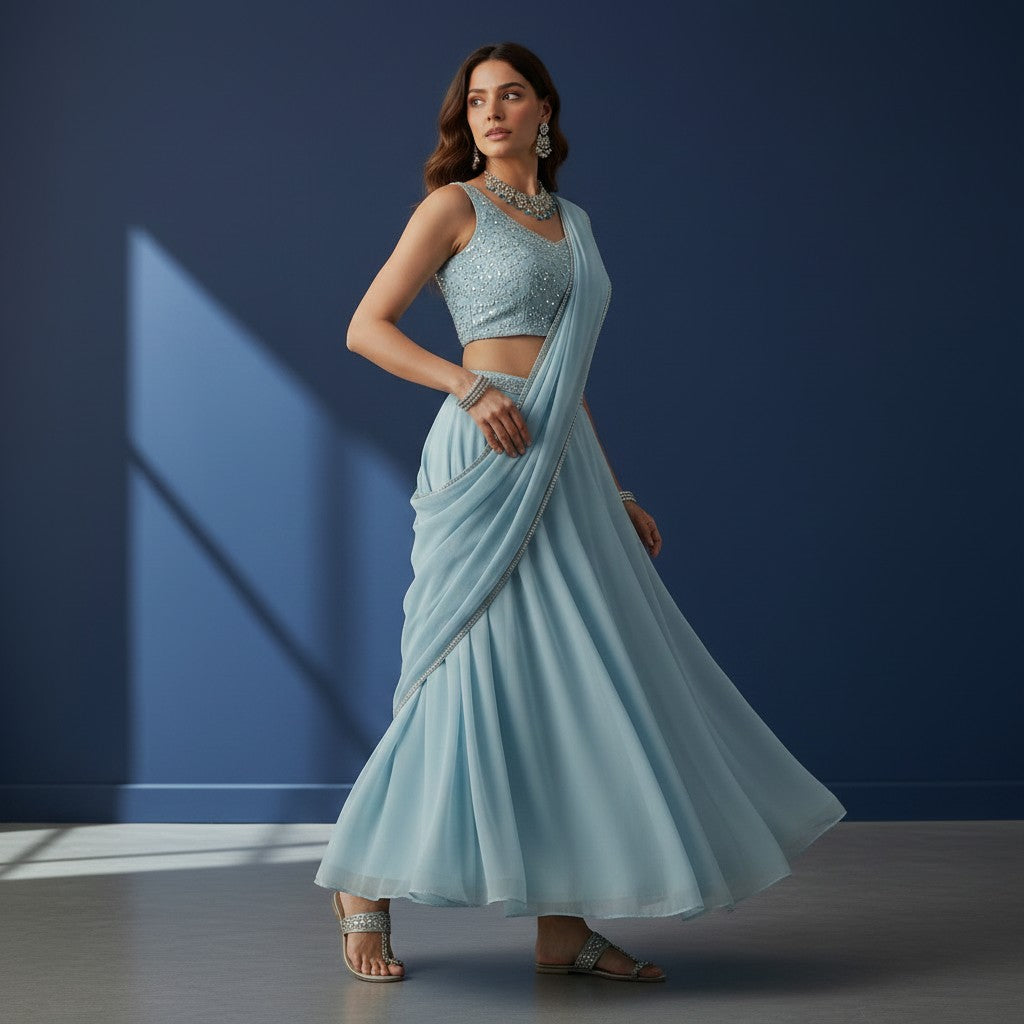 Ice Blue Sequined Lehenga Choli Set