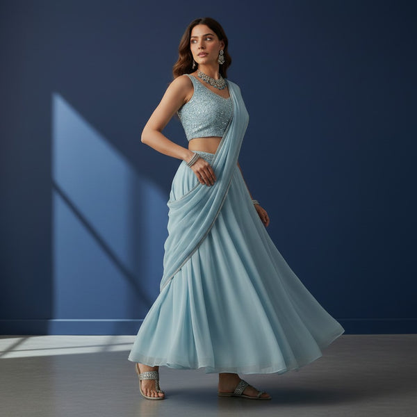 Ice Blue Sequined Lehenga Choli Set