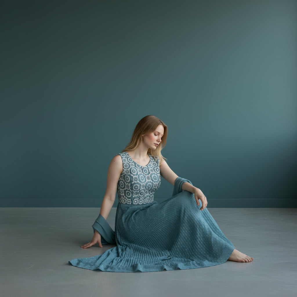 Pleated Floor-Length Gown (Frock) with Floral Embroidered Bodice