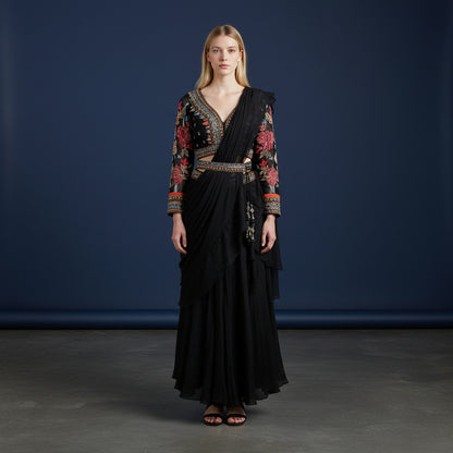 Crepe Draped Lehenga with Multi-color Threadwork