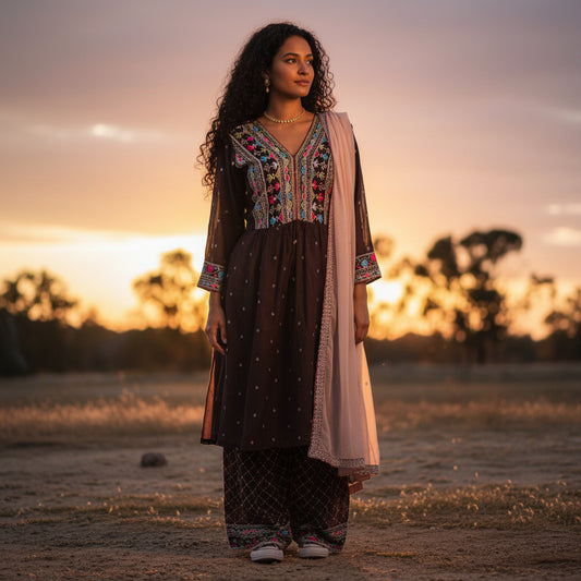 Faux Georgette Kurta Set with Deep V-neck