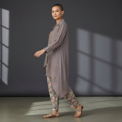 Satin Finish Poly Asymmetrical Long-Line Shirt and Tapered Pants