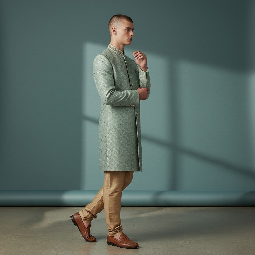 Mint Green Embroidered Sherwani for Men