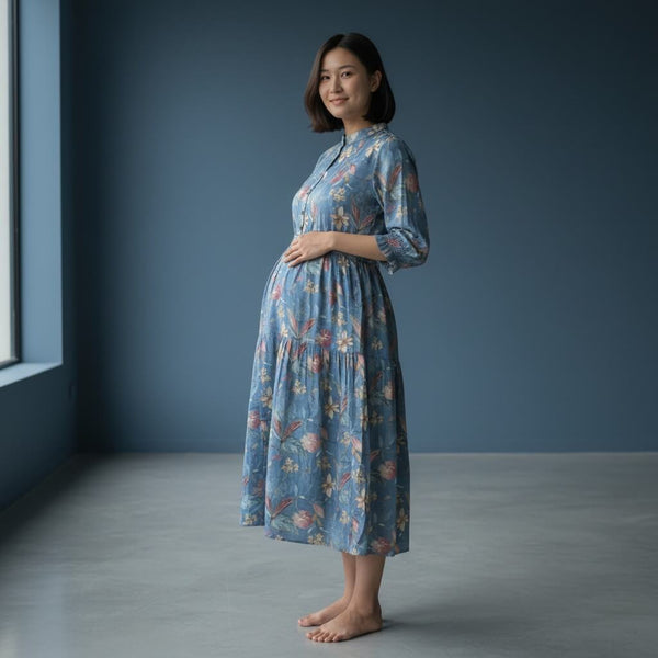 Button-down floral midi dress with cinched waist and ruffles