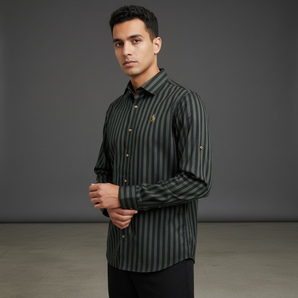 Men's Navy & Green Striped Button-Up Shirt