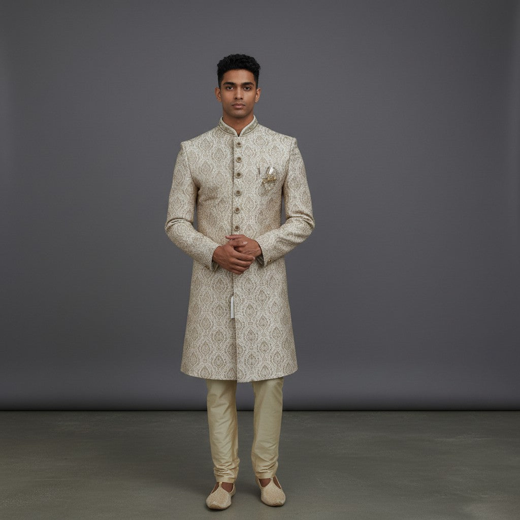 A Cream Colored Self Design Sherwani