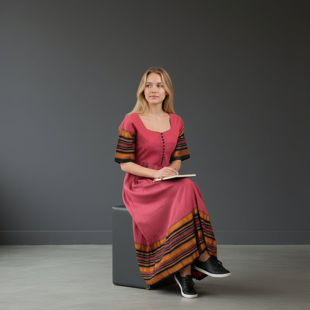 Cotton Slub Long Dress with Geometric Border