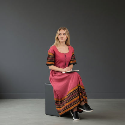 Cotton Slub Long Dress with Geometric Border