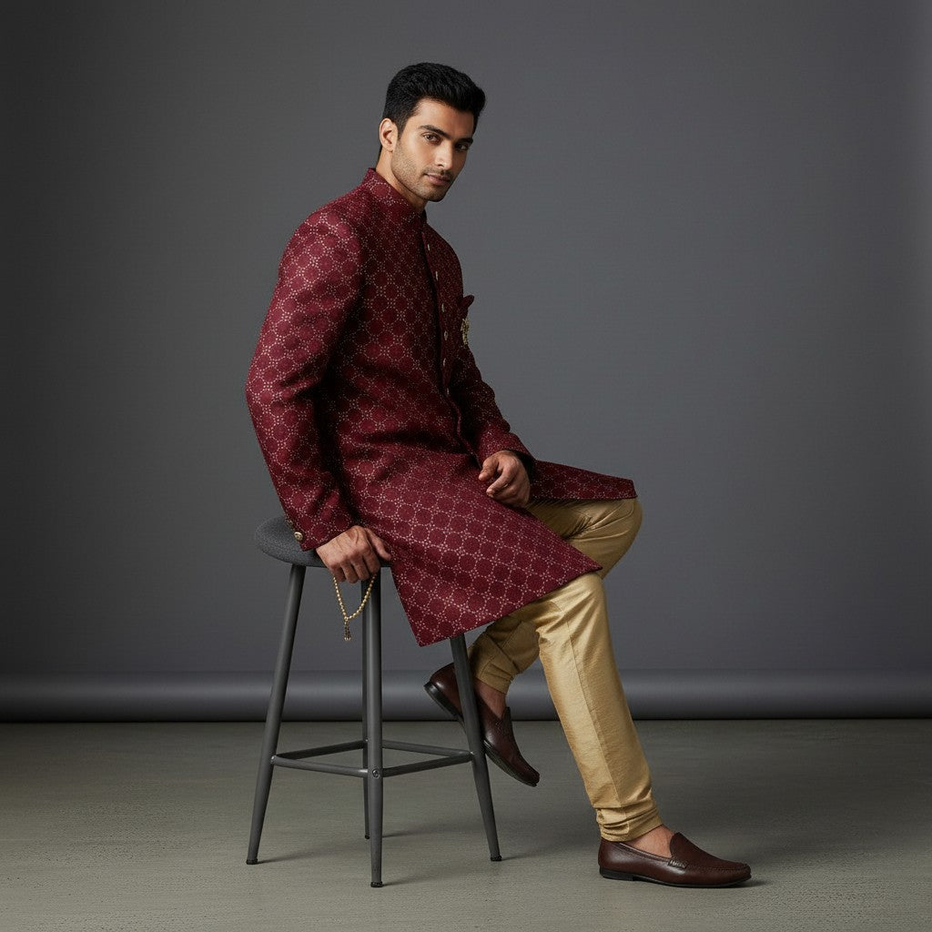 Maroon Embroidered Sherwani for Men