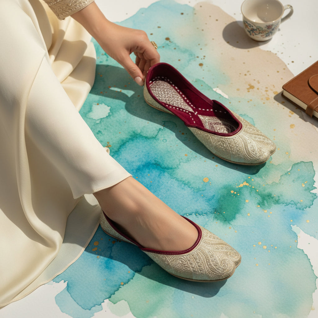 Maroon & Gold Jutti - Deep maroon velvet/fabric lining with gold patterned exterior and heart-shaped embroidery on insole