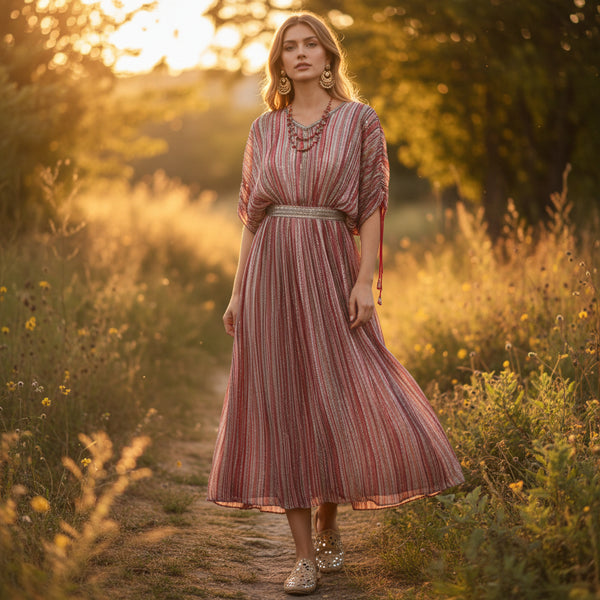 Striped/Zig-zag Pleated Gown with Silver Belt