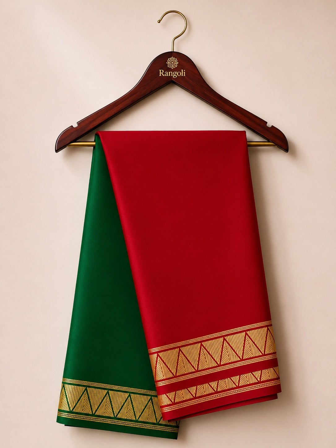 Vibrant Green & Red Mysore Pure Silk Saree with Geometric Zari Border