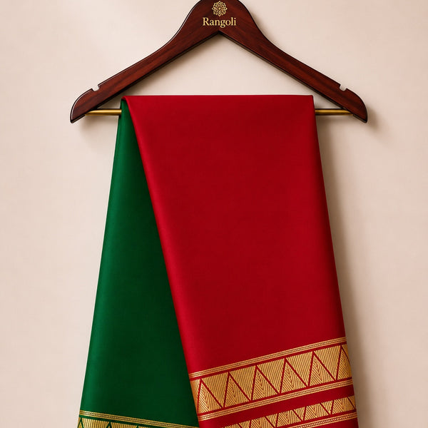 Vibrant Green & Red Mysore Pure Silk Saree with Geometric Zari Border