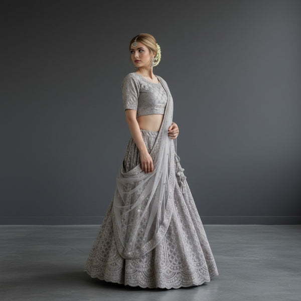 Silver Grey Embroidered Bridal Lehenga with Sequin Accents
