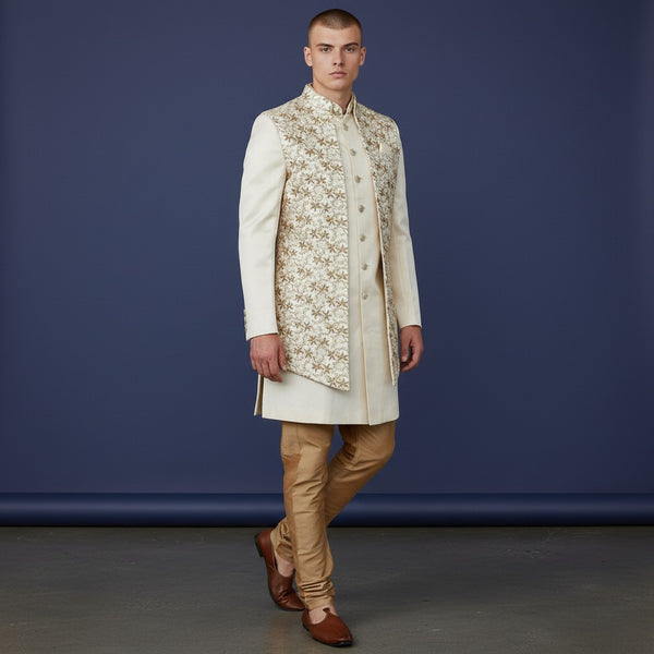 A Cream Colored Self Design Sherwani with Gold Embroidery