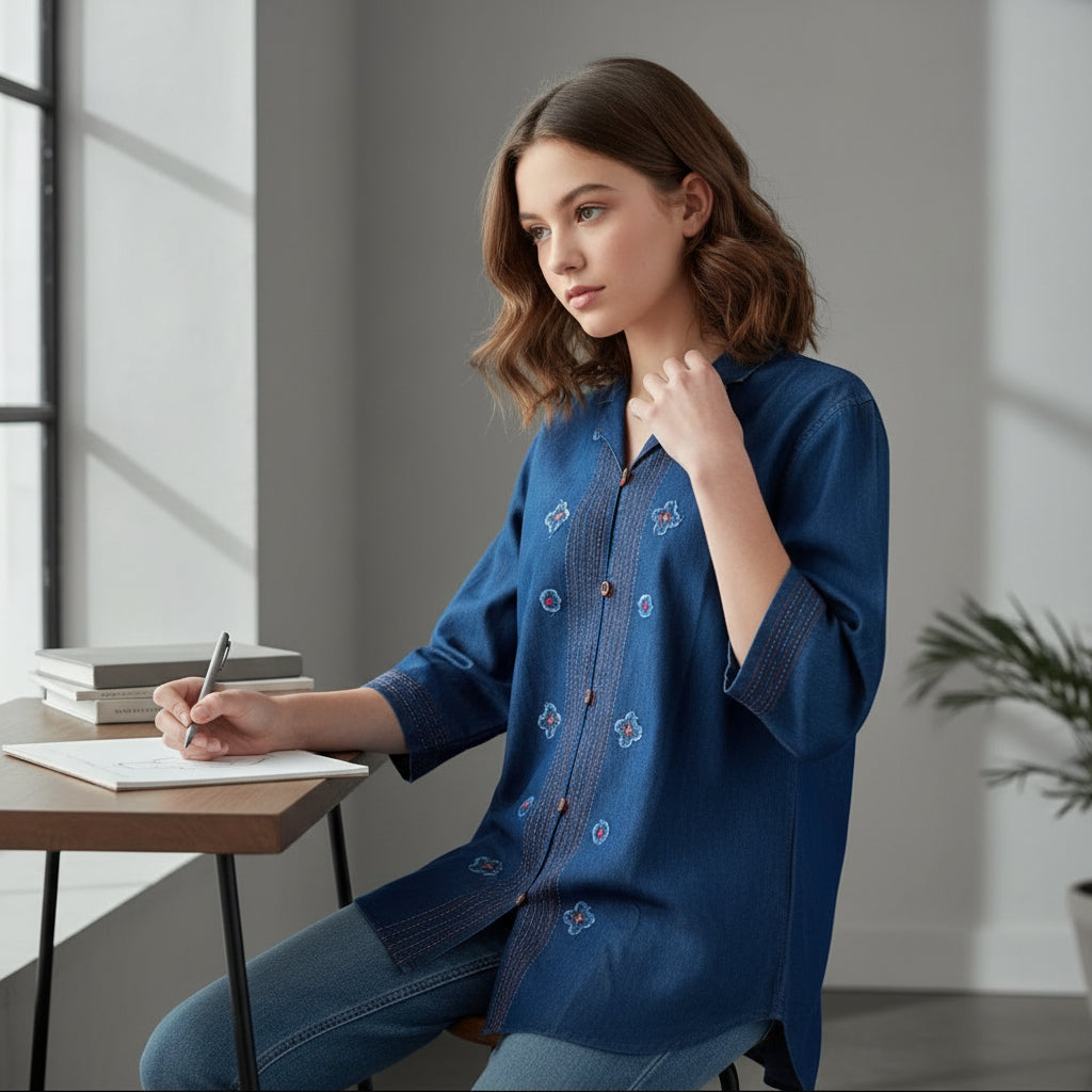 Indigo Blue Denim Tunic with Floral Embroidery