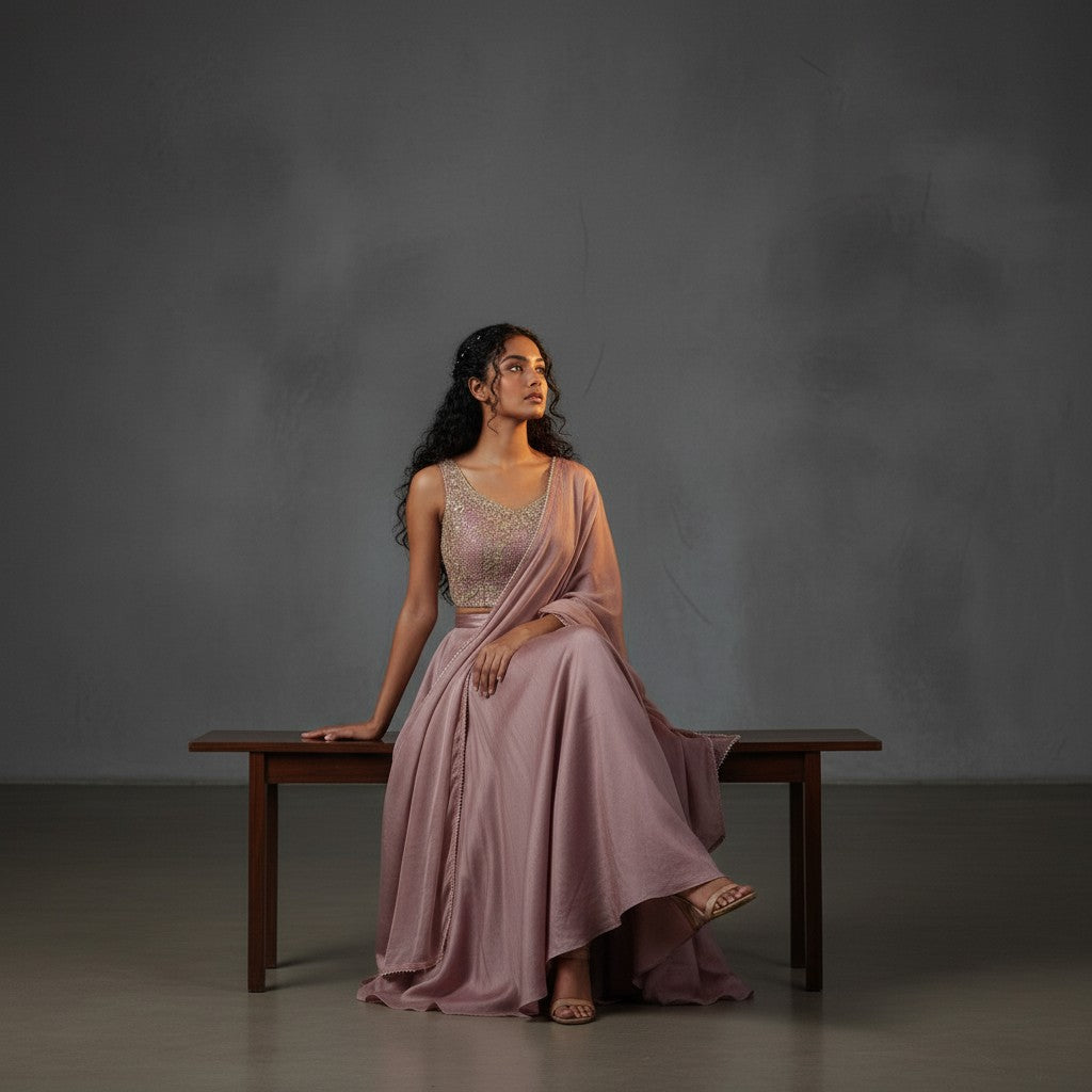 Rosewood Lehenga with Silver Beadwork and Shimmer Skirt