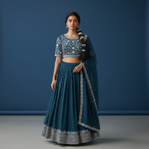 Teal Blue Georgette Lehenga with Embroidered Blouse and Stone-Detailed Dupatta