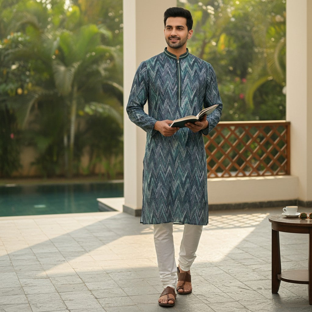 Blue Chevron Pattern Kurta Set for Men