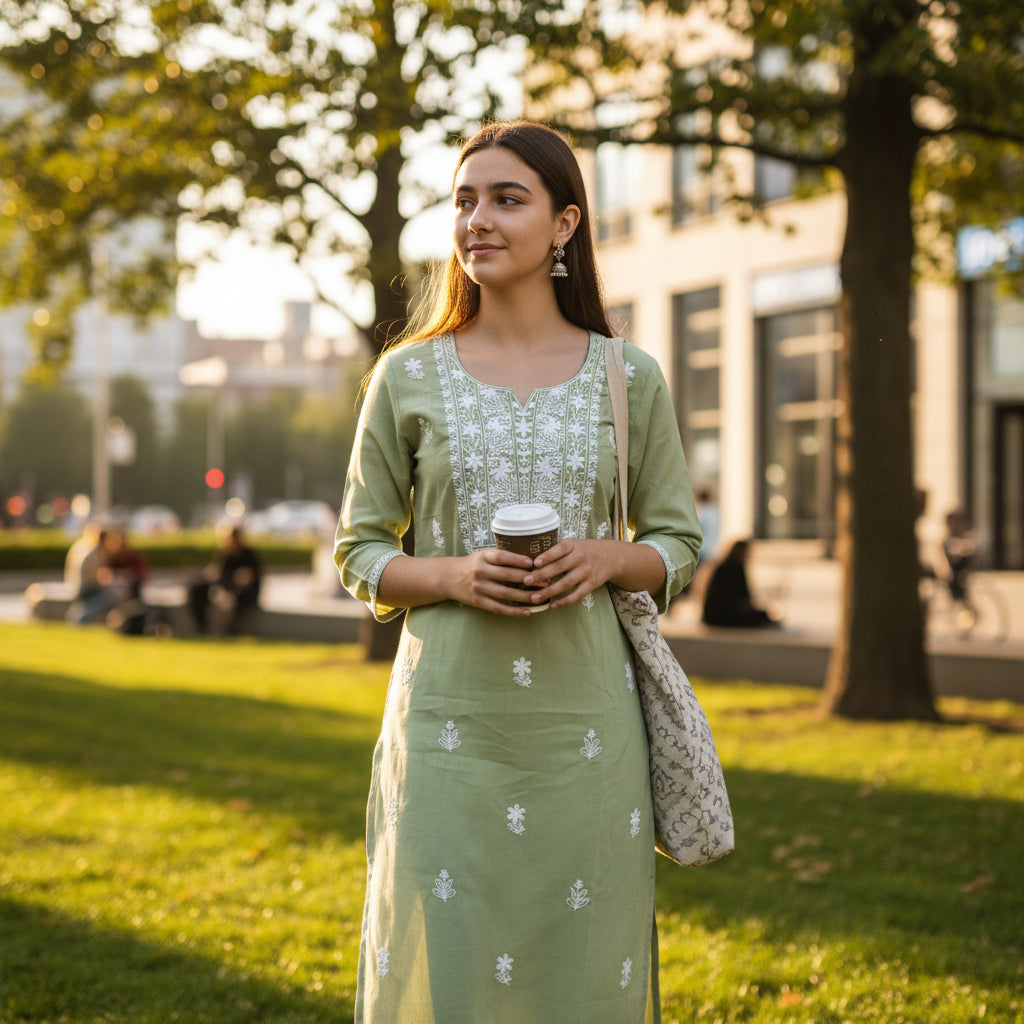 Sage Green Straight-Cut Kurta with White Chikankari Embroidery