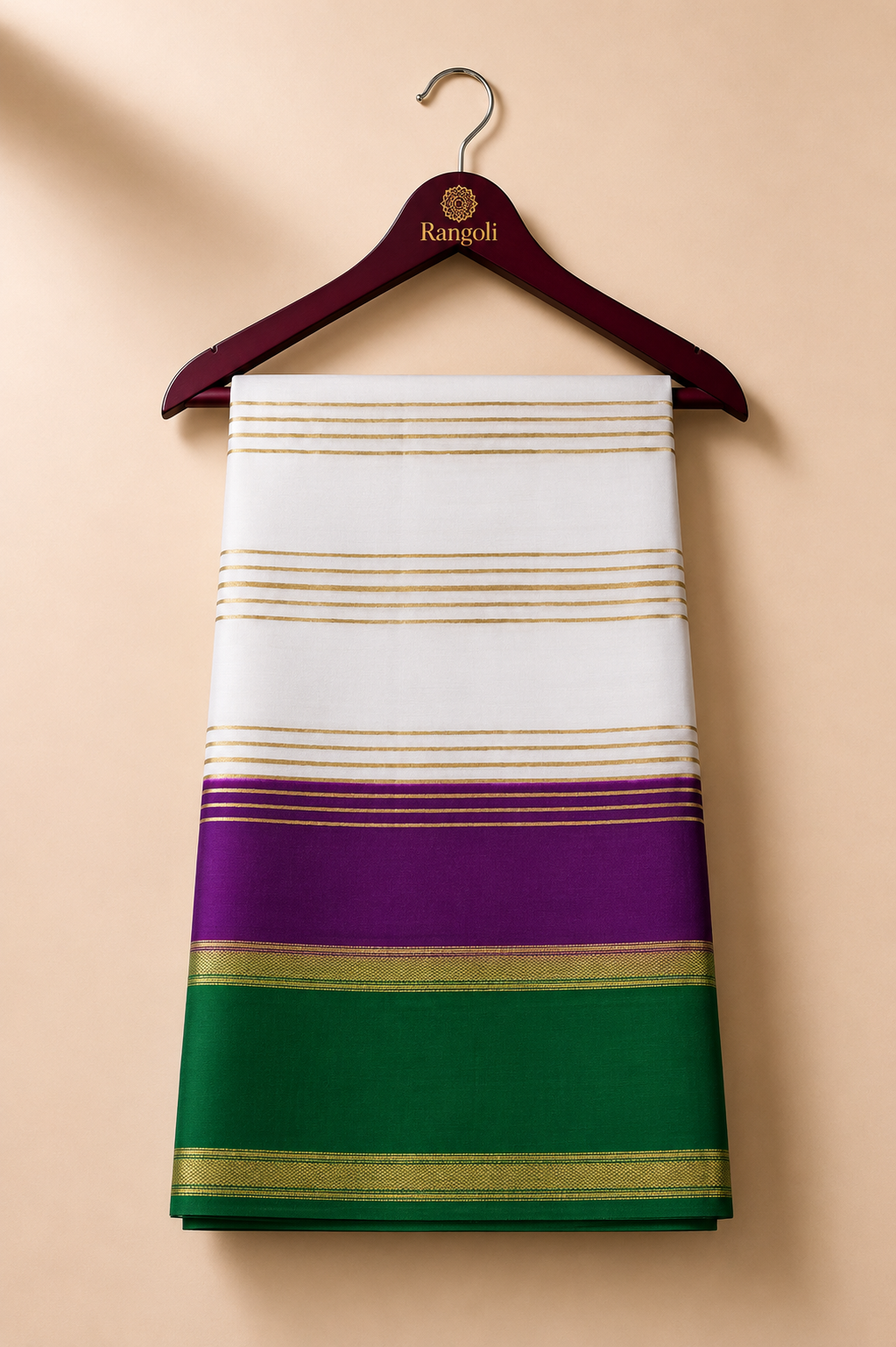 White Gold Stripe Pure Silk Saree with Purple and Green Border