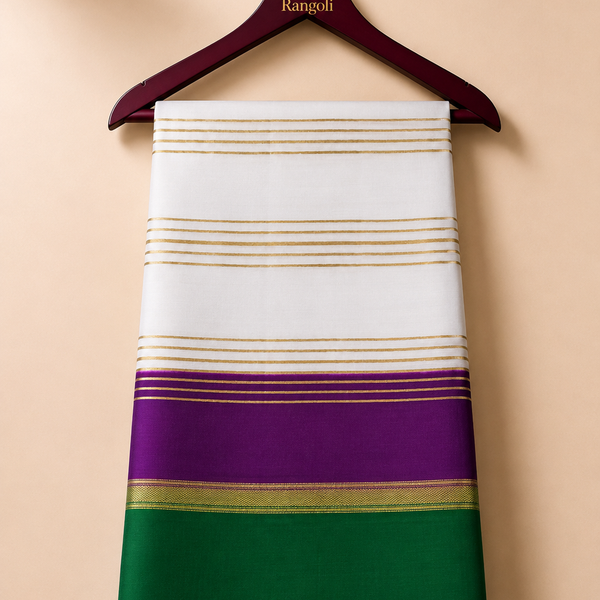 White Gold Stripe Pure Silk Saree with Purple and Green Border