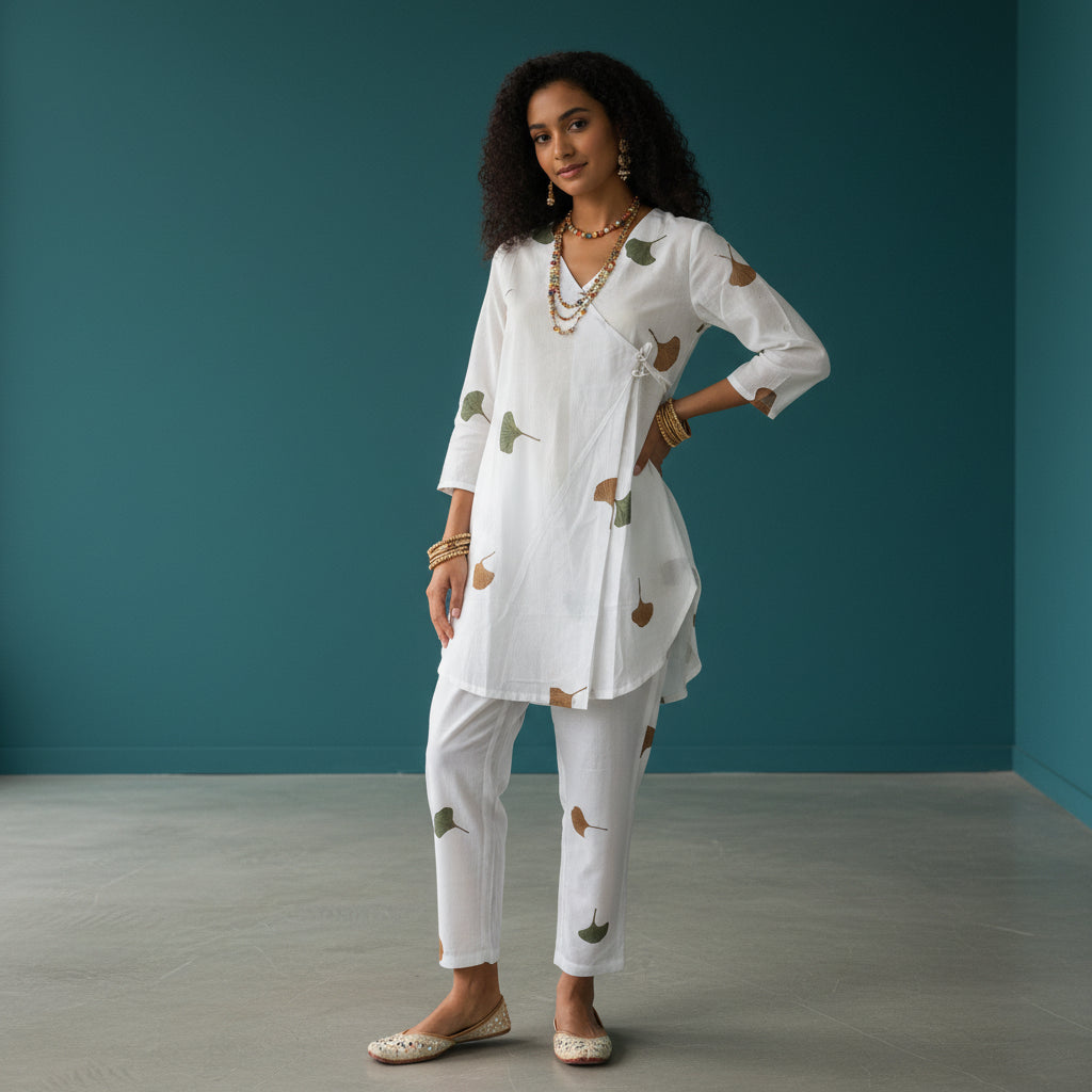 BT Stories 2-Piece Co-ord Set - Wrap-Style Tunic and Pants with Leaf Print