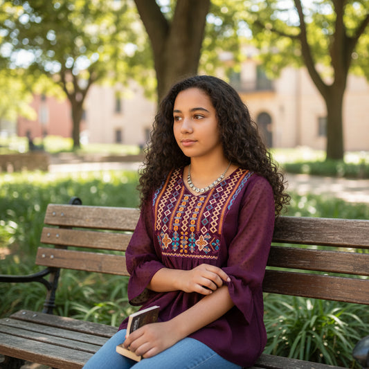 Swiss Dot Chiffon Tunic with Geometric Embroidery
