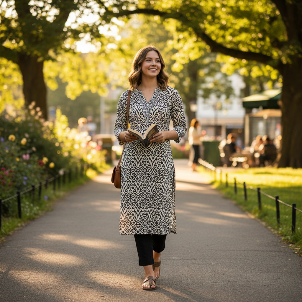 V-Neck Kurta with Black & White Ikat Geometric Print and Embroidery