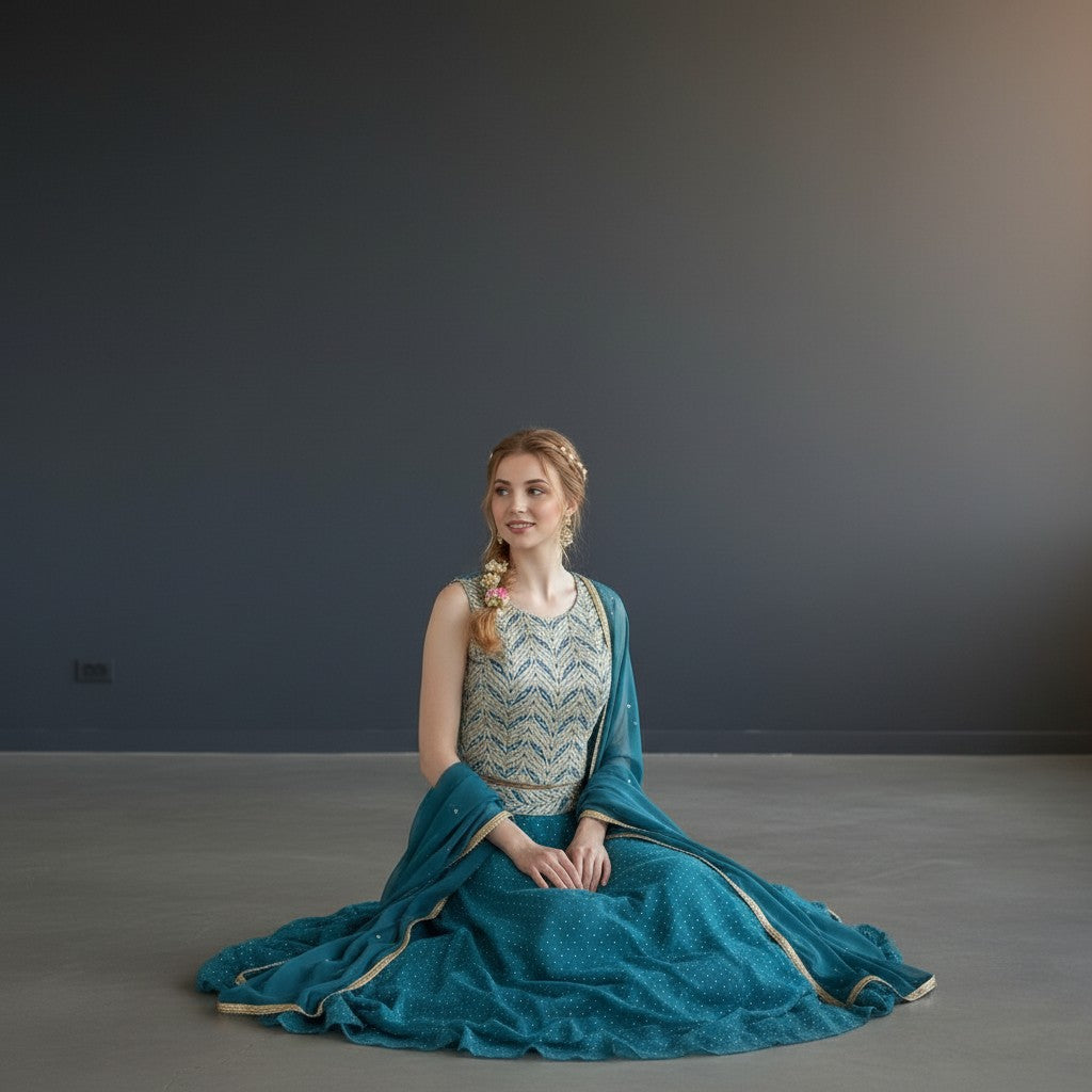 Shimmering Teal Lehenga with Silver Sequined Blouse