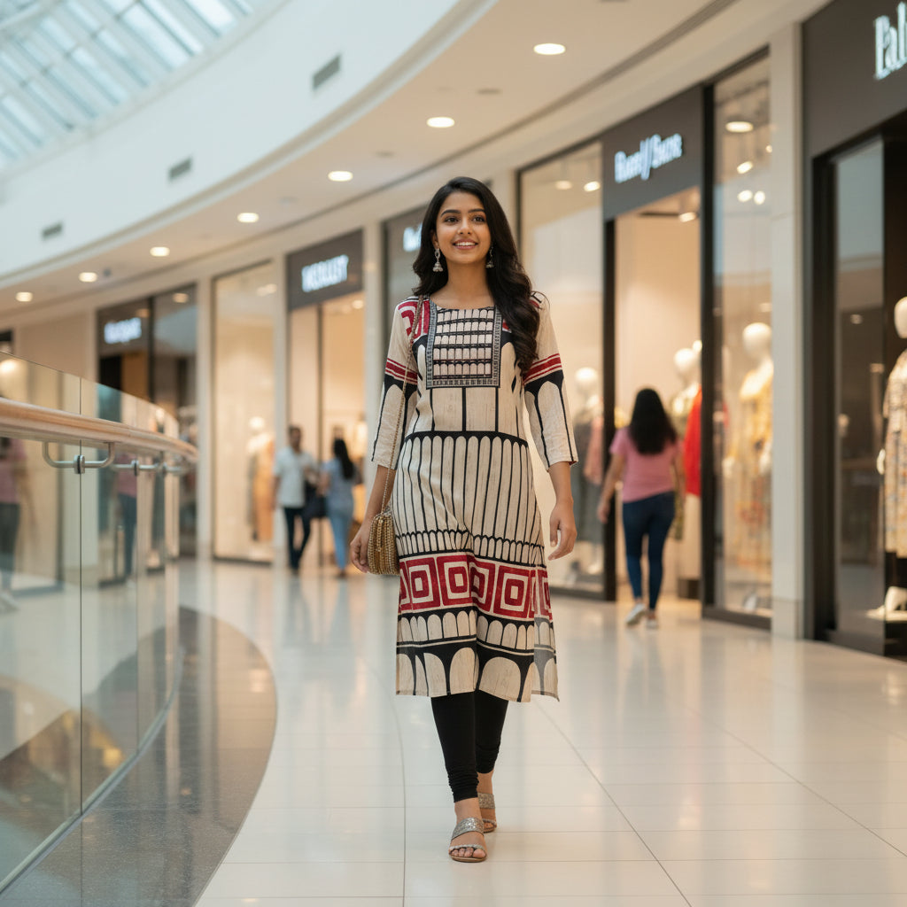 Cream Black Geometric Arch Kurti with Maroon Border