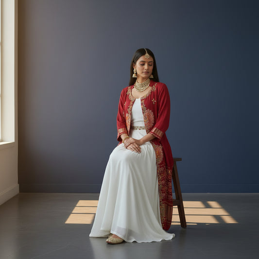 Silk Blend Layered Set Long Dress with Bandhani-Print Jacket