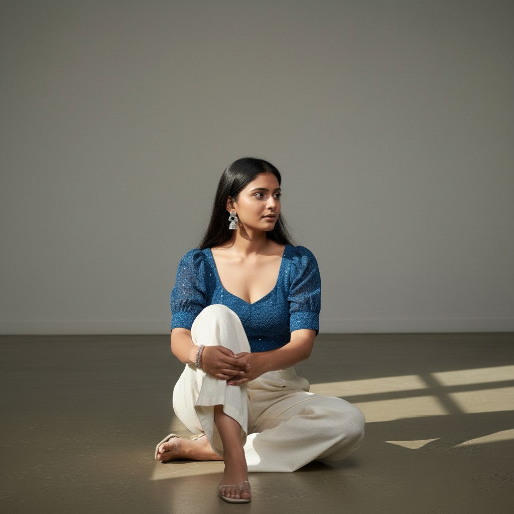 Teal Blue Chikankari Sequin Blouse
