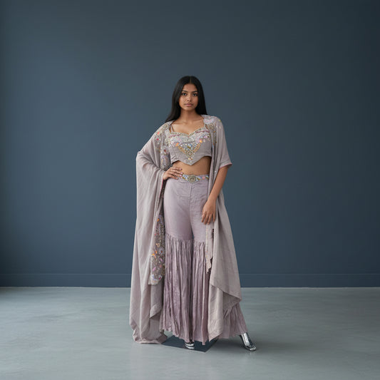 Crepe Silk Sharara Set with Embroidered Crop Top and Shrug