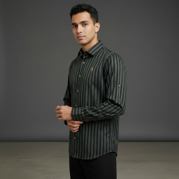 Men's Navy & Green Striped Button-Up Shirt