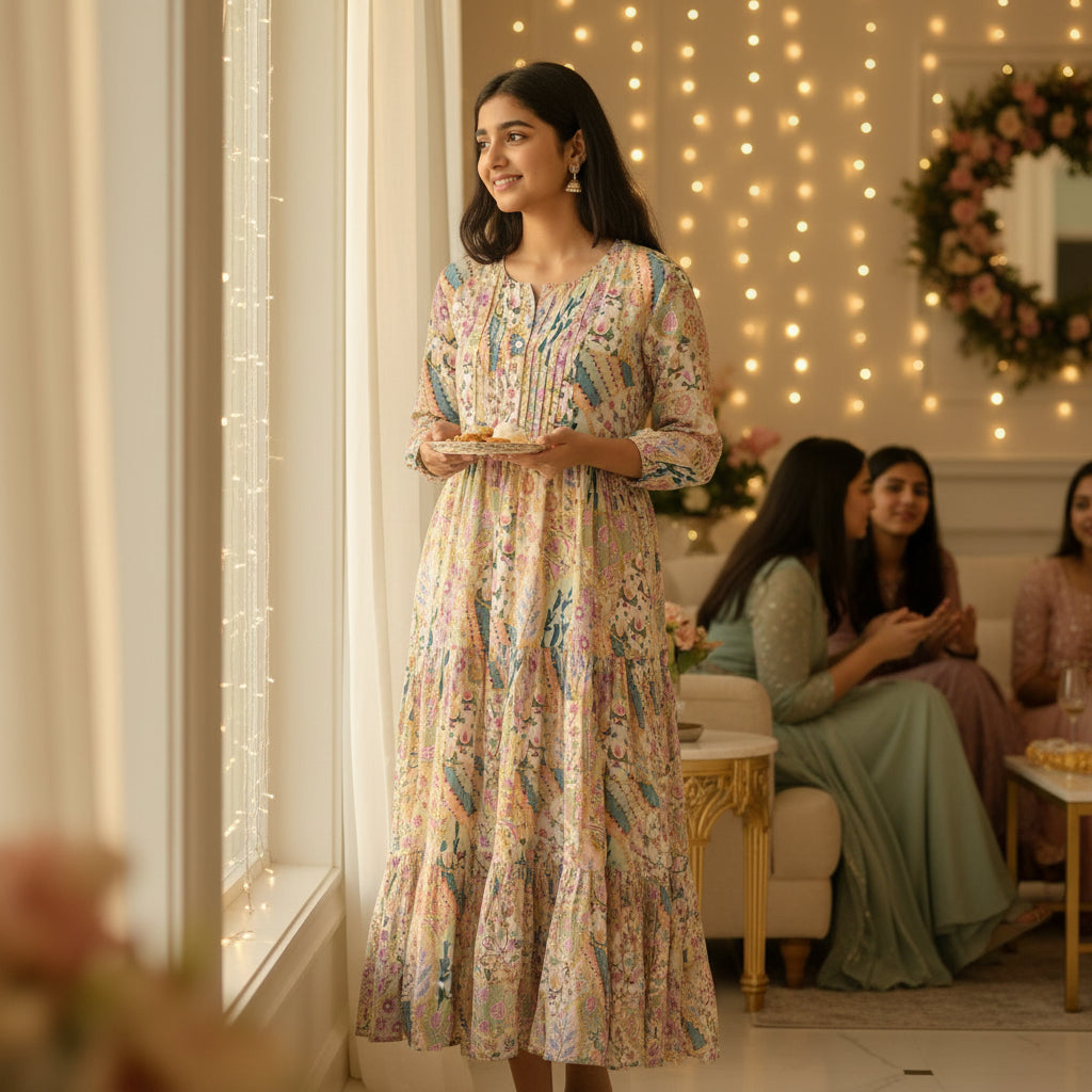 Women's Long-Sleeved Tiered Printed Cotton Dress with Button-Down Front and Zigzag Accents