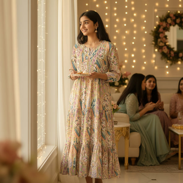Women's Long-Sleeved Tiered Printed Cotton Dress with Button-Down Front and Zigzag Accents