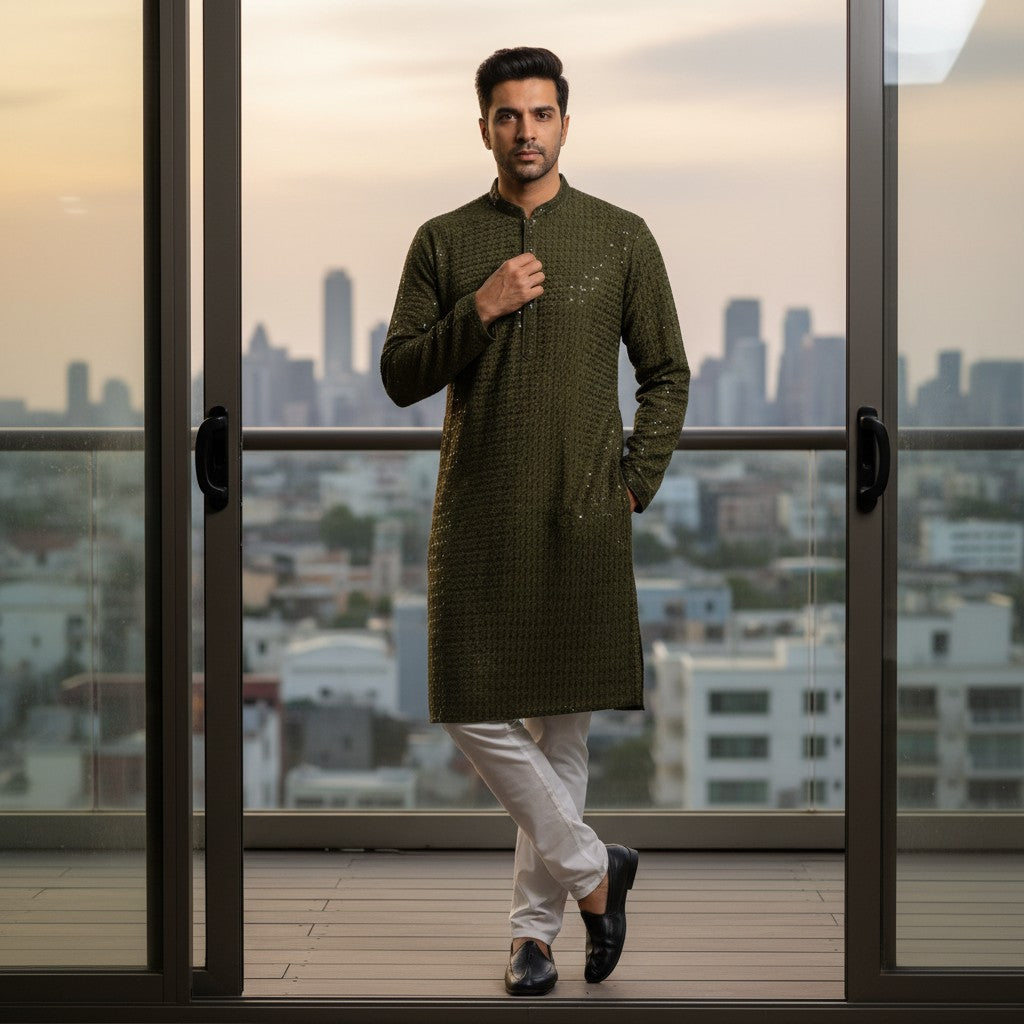 Chikankari Embroidered Sequinned Kurta Set (2 Pc) - Deep Green