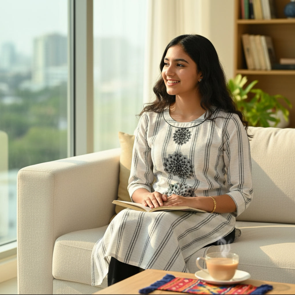 Striped Straight Kurta with Black Mandala Motifs