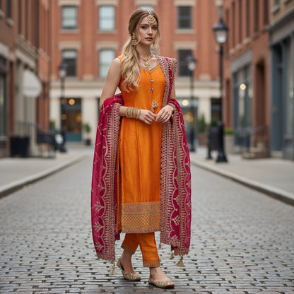 Silk Blend Kurta Set with Heavy Zari Border