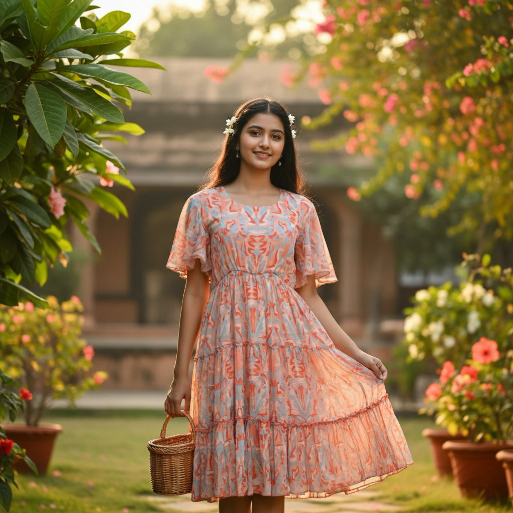 Flutter-sleeve Tiered Dress with Abstract Ikat Print