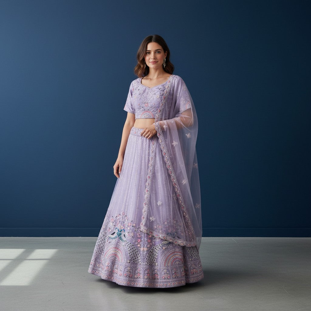 Lilac Organza Net Embroidered Lehenga Choli with Dupatta
