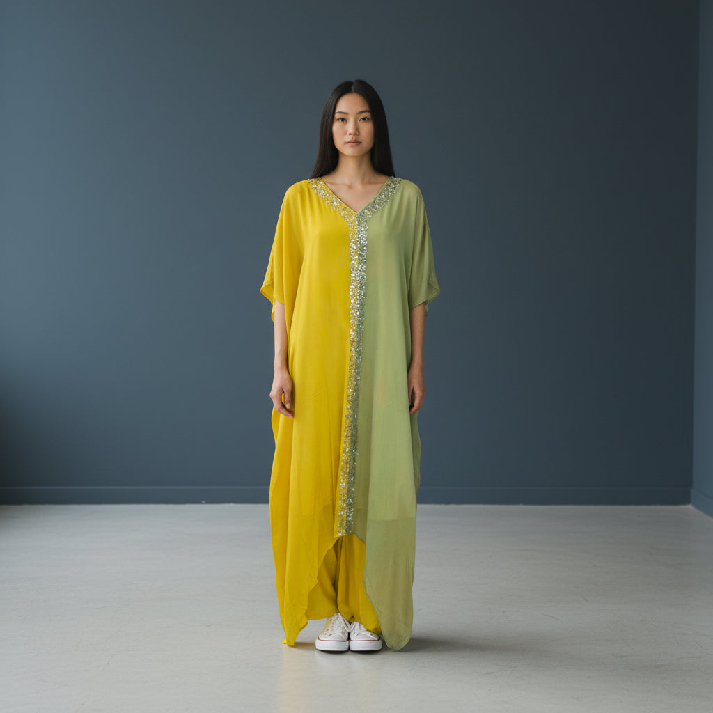 Crepe Silk Color-Block Kaftan Dress