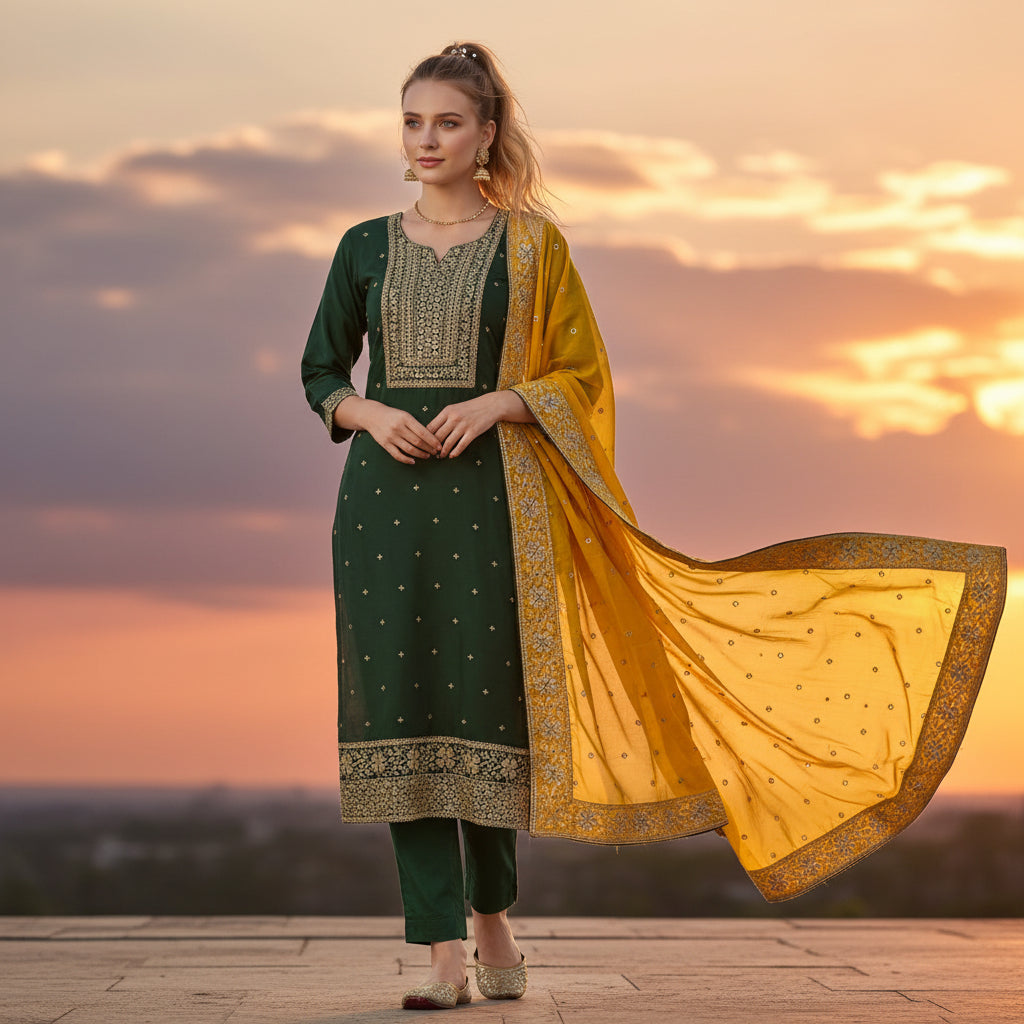 Silk Blend Kurta Set with Zari Embroidery